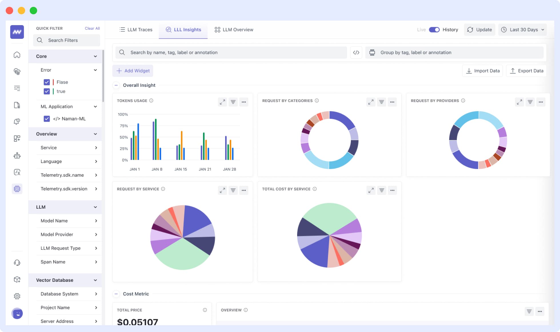Detailed LLM Observability dashboard with trace and metric visualizations