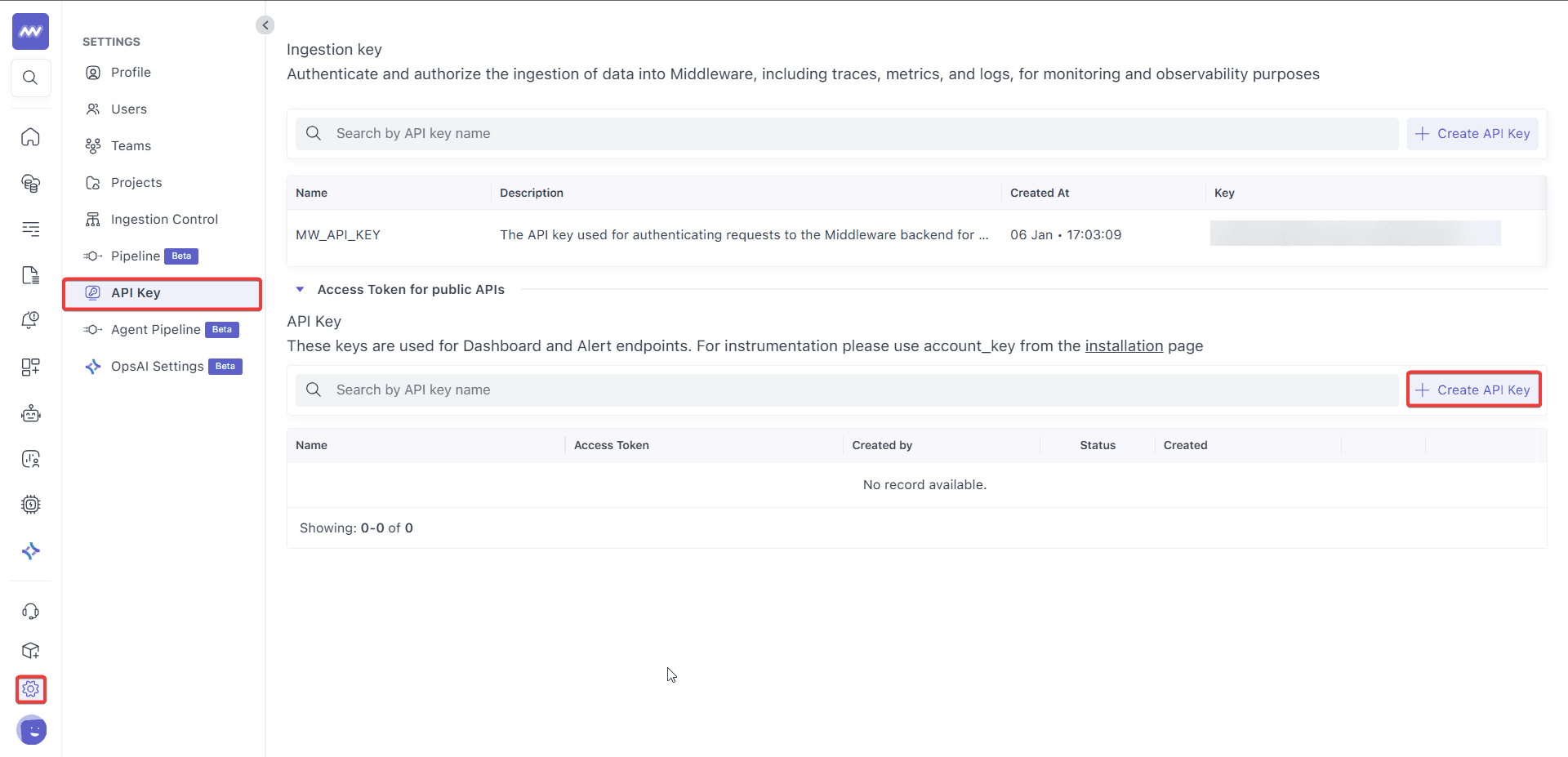 Middleware API Keys Settings