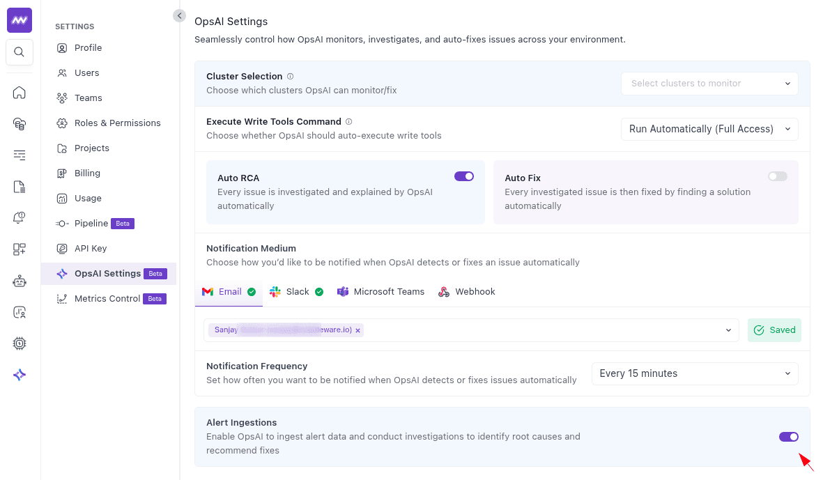 Alert Ingestions toggle in OpsAI Settings