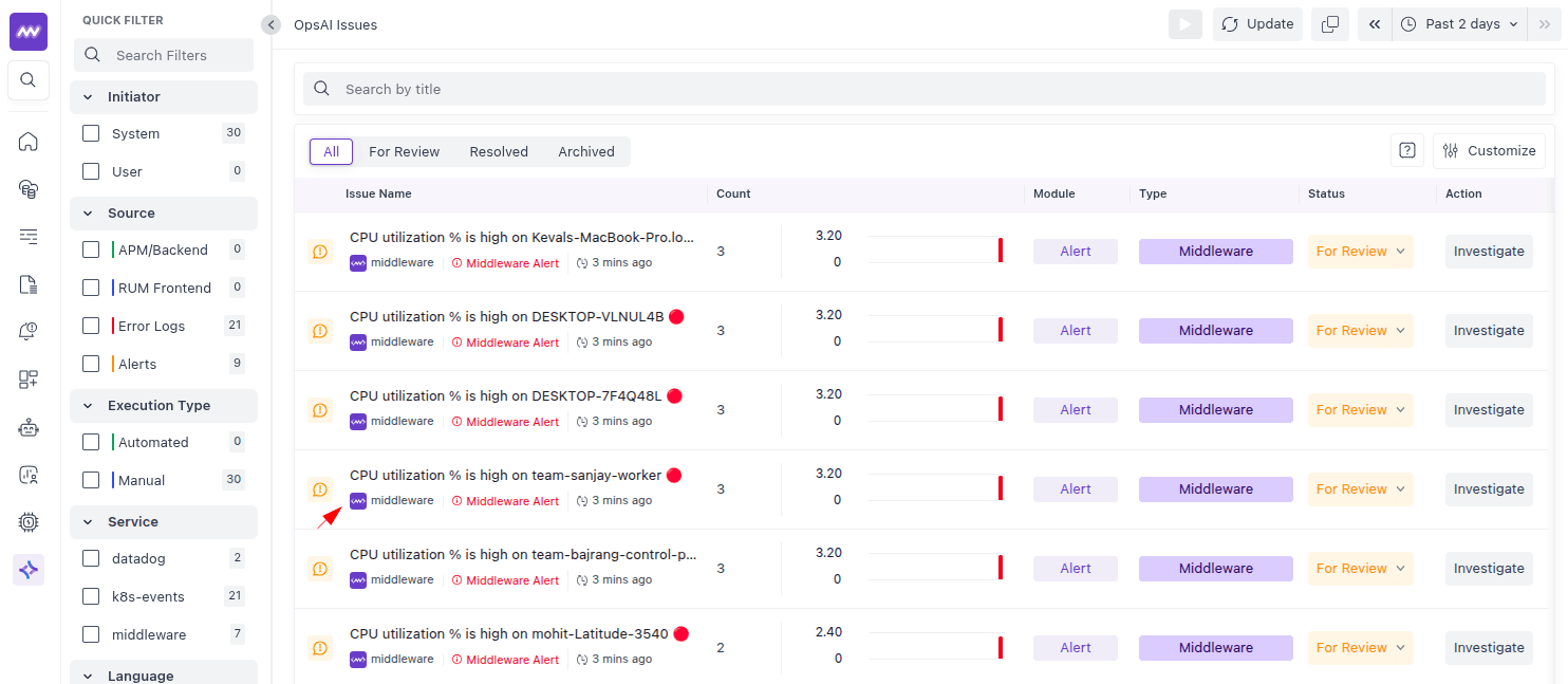 OpsAI alerts listing with critical alerts