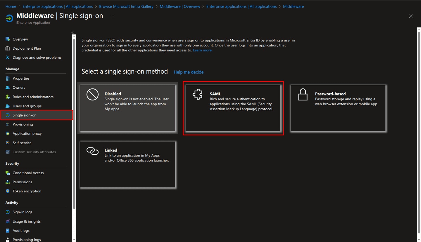 Enable SSO for Middleware in Microsoft Entra ID