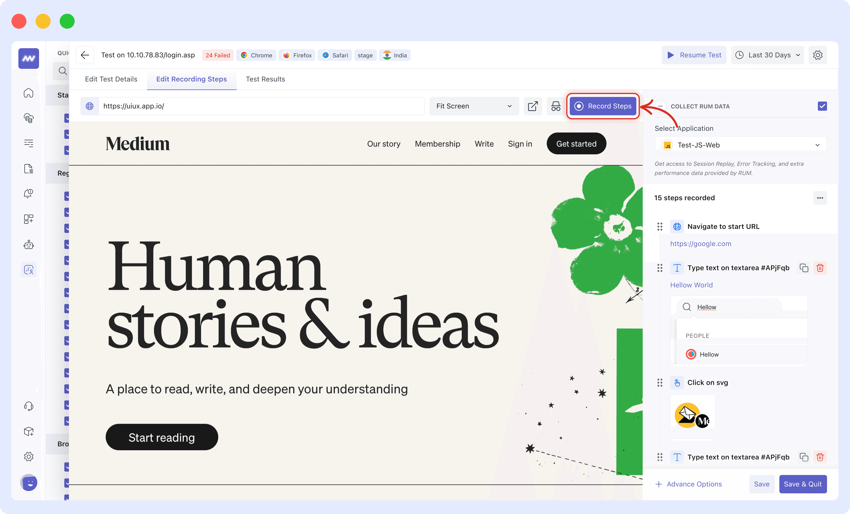 Recording user interactions for test steps in Middleware Browser Test