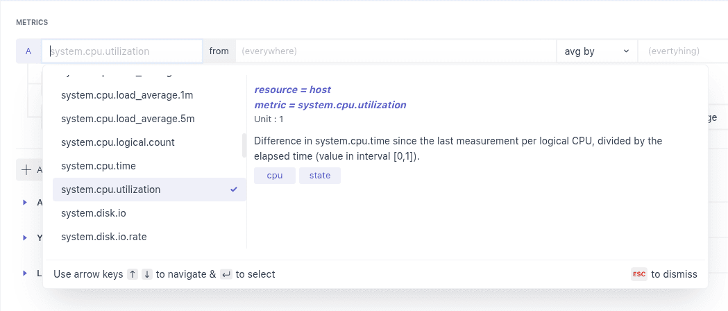 Metric selection interface to choose which data to display in a widget.