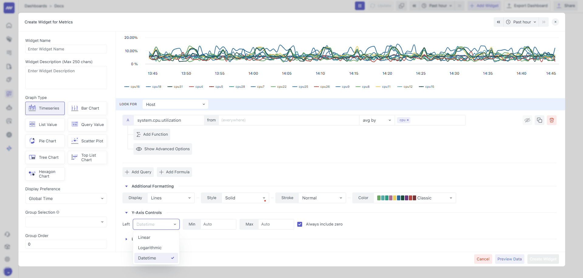 Scale type selection to adjust linear or logarithmic axis scaling.