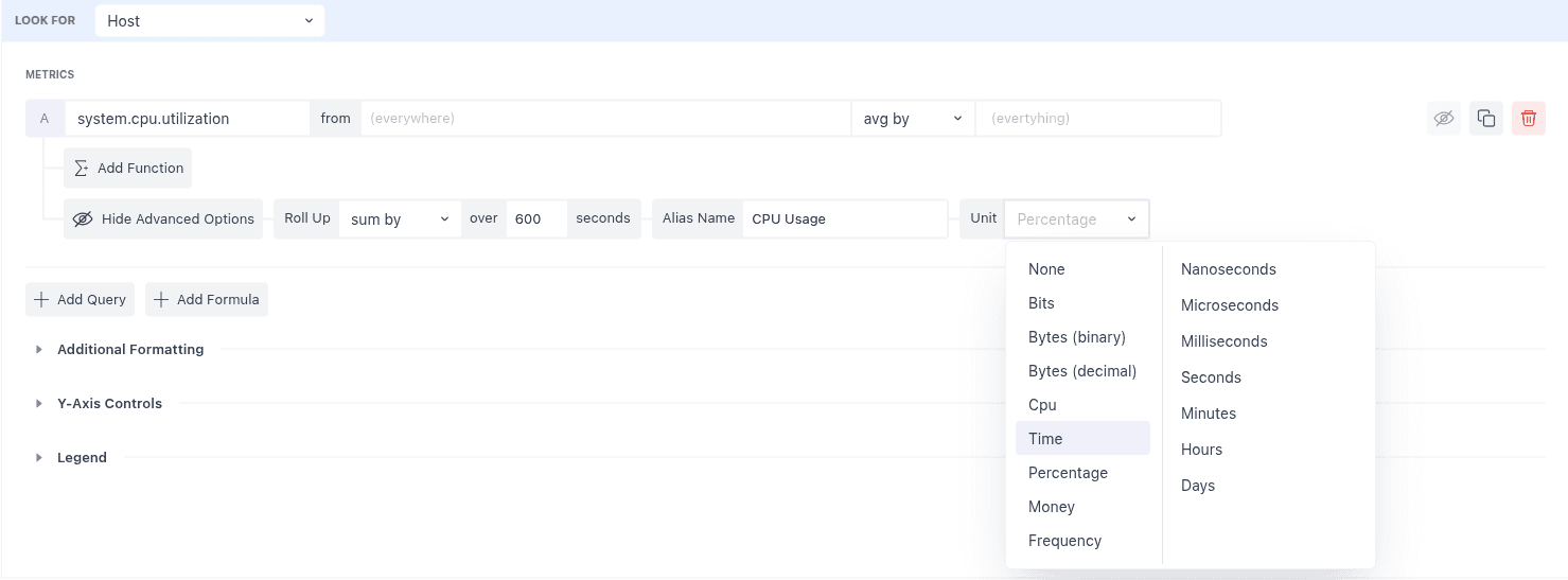 Unit selection for metrics to display appropriate measurement units.