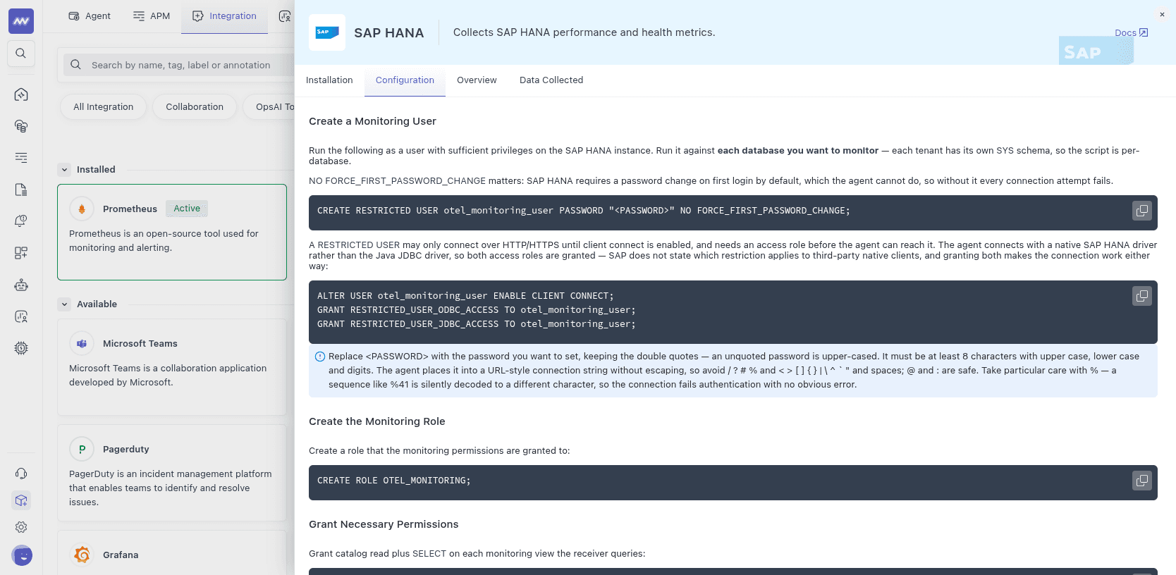 SAP HANA Configuration tab