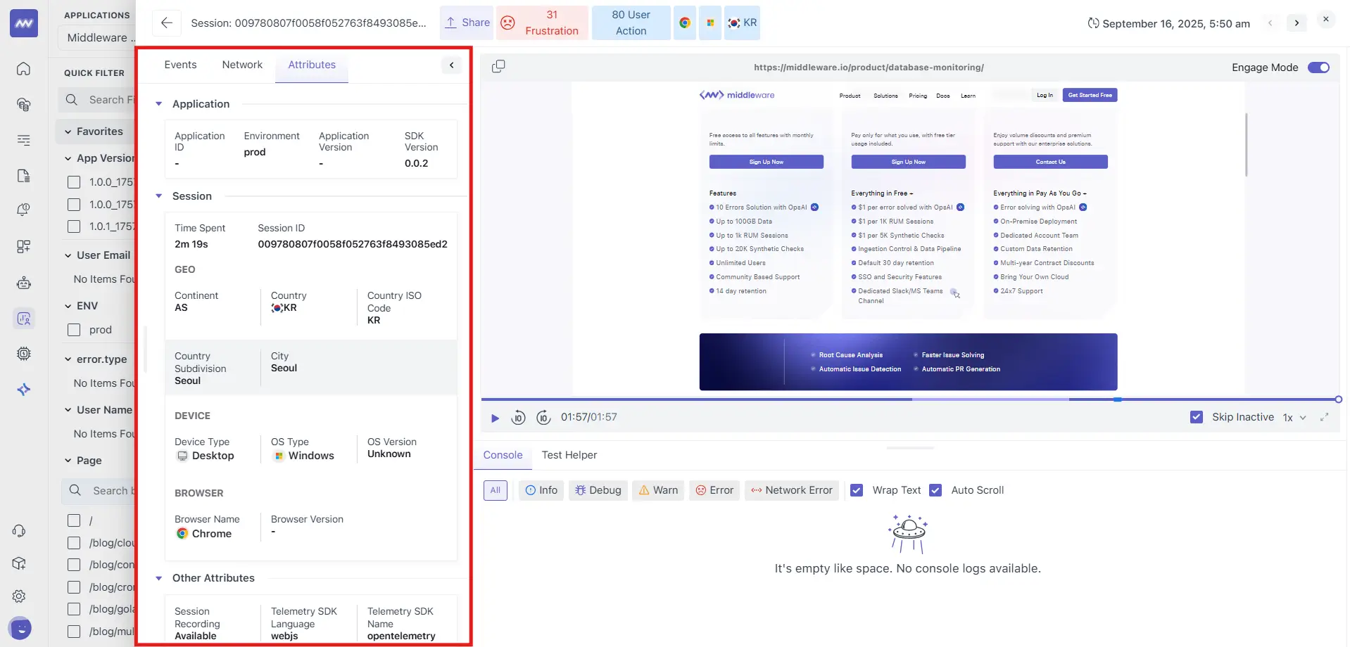 Detailed attributes associated with a session replay in the Session Explorer, providing insights into user behavior and session context.