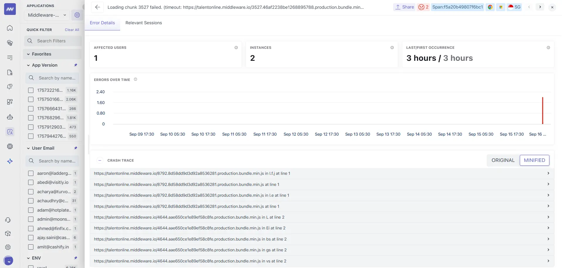 Detailed view of a specific frontend error in Middleware RUM, showing stack trace, affected sessions, and related events.