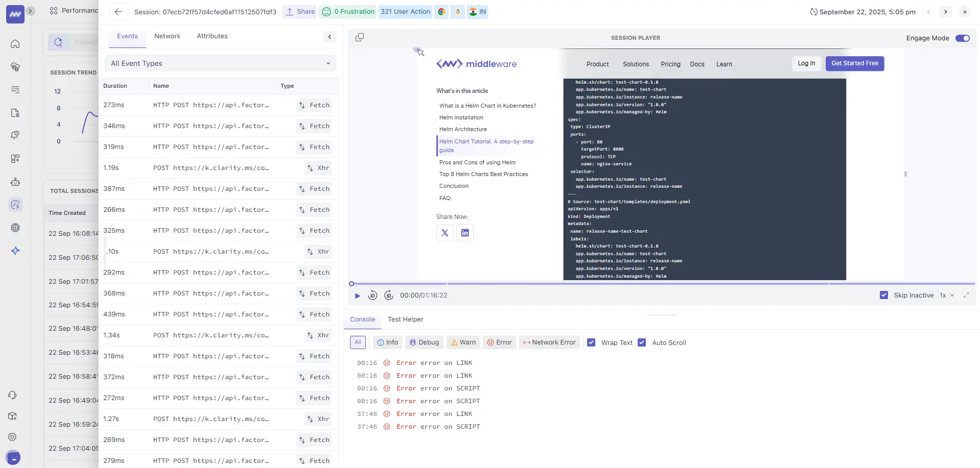 Session Explorer Events tab displaying user interactions such as clicks, form submissions, and navigation