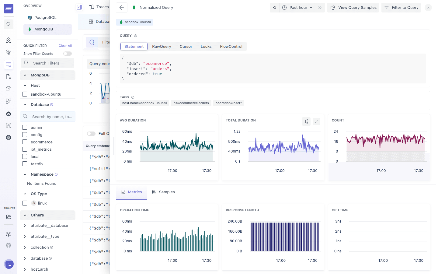 MongoDB query details with the statement JSON, tags, duration and count charts and per-execution metrics