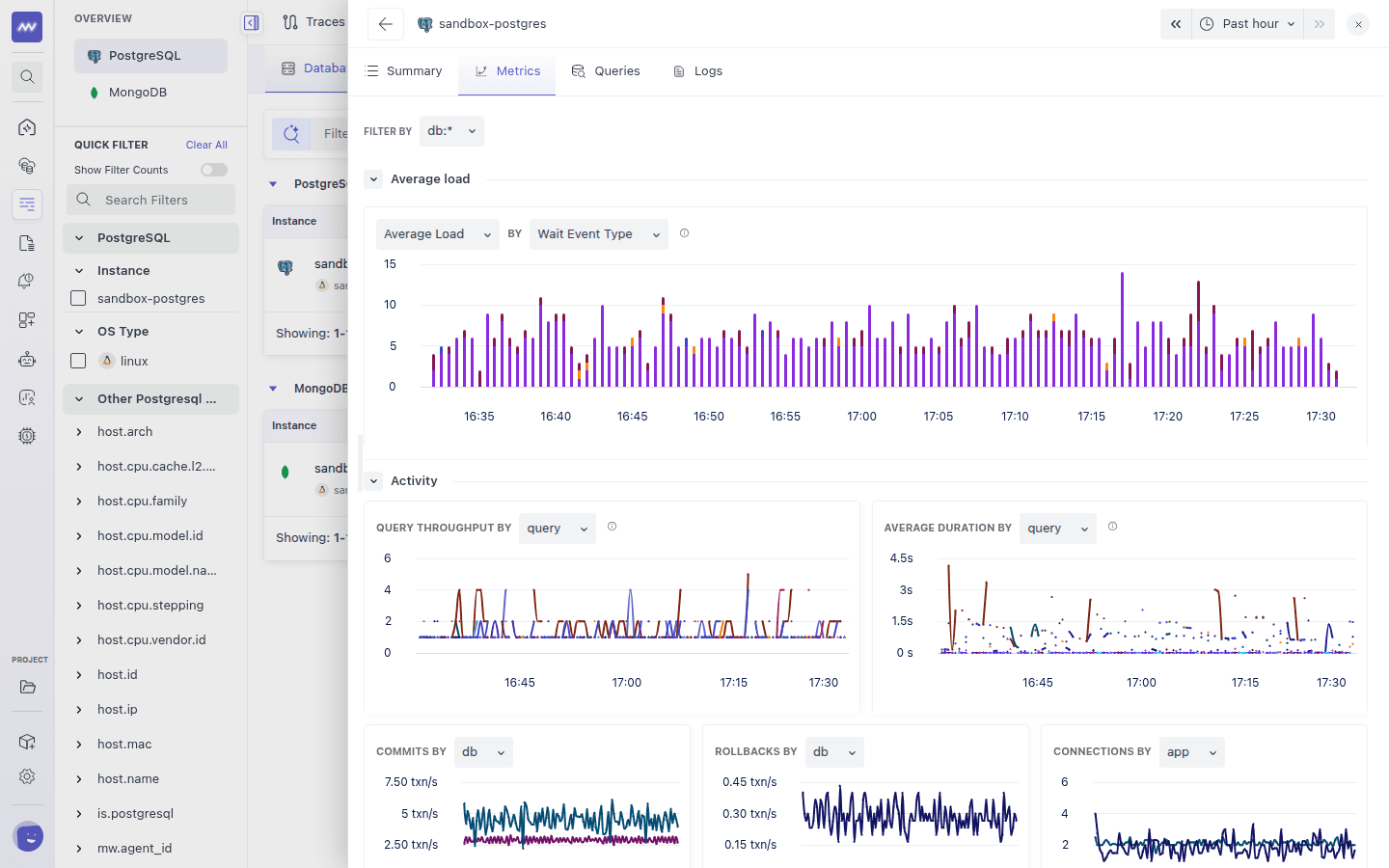 PostgreSQL instance Metrics tab showing the Average Load chart by wait event type and the Activity charts