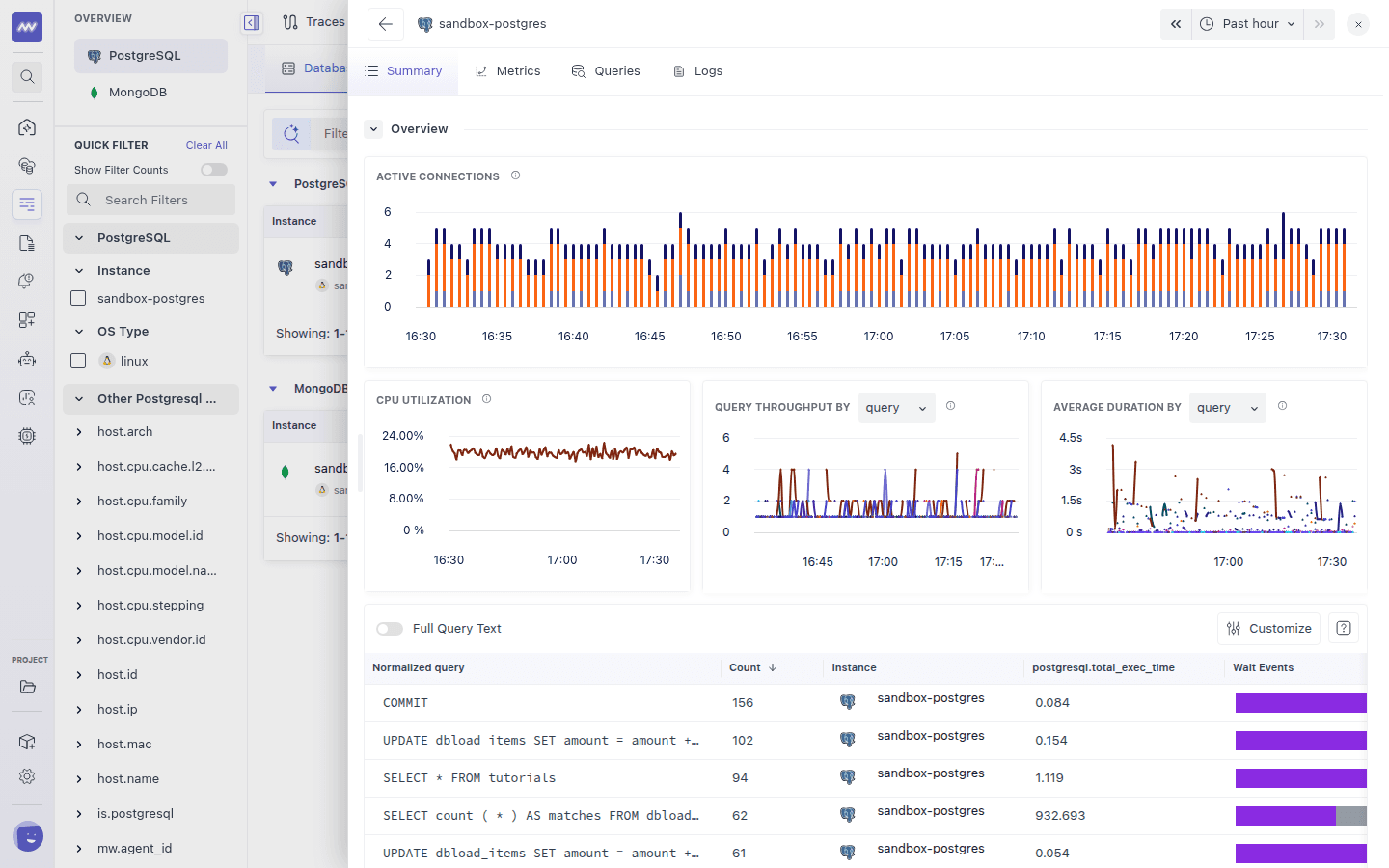PostgreSQL instance summary with active connections, CPU utilization, query throughput and average duration charts above the top queries table