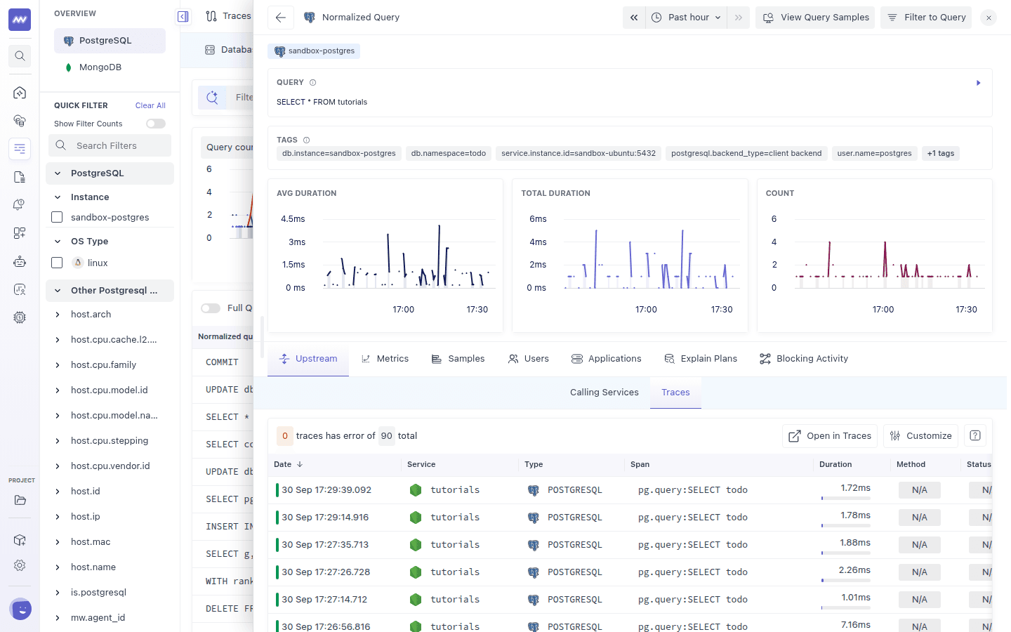 Query details Upstream tab showing the Traces view with spans from the calling service