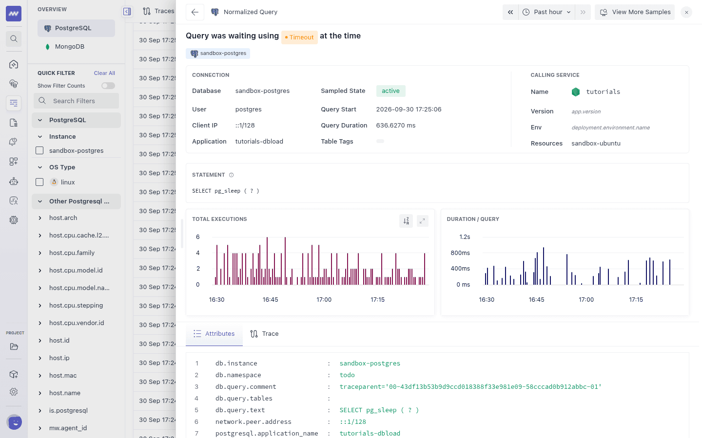 PostgreSQL sample details showing the wait state, connection details, calling service, statement and execution charts