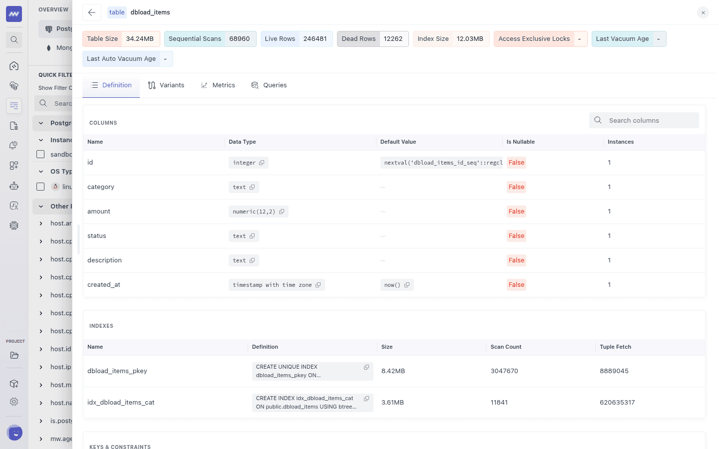 Table details for a PostgreSQL table showing size and row badges and the Definition tab with columns and indexes