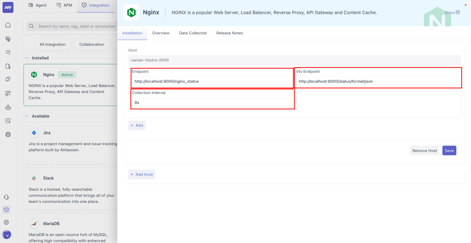 Apache Integration Screen