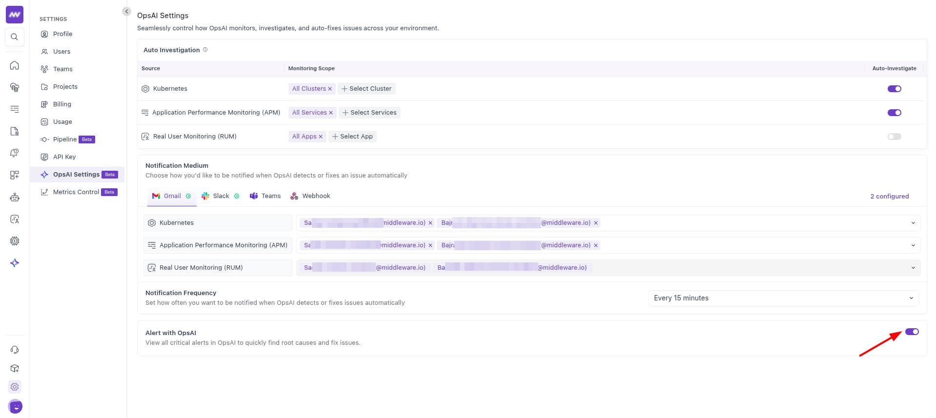 Alert Ingestions toggle in OpsAI Settings
