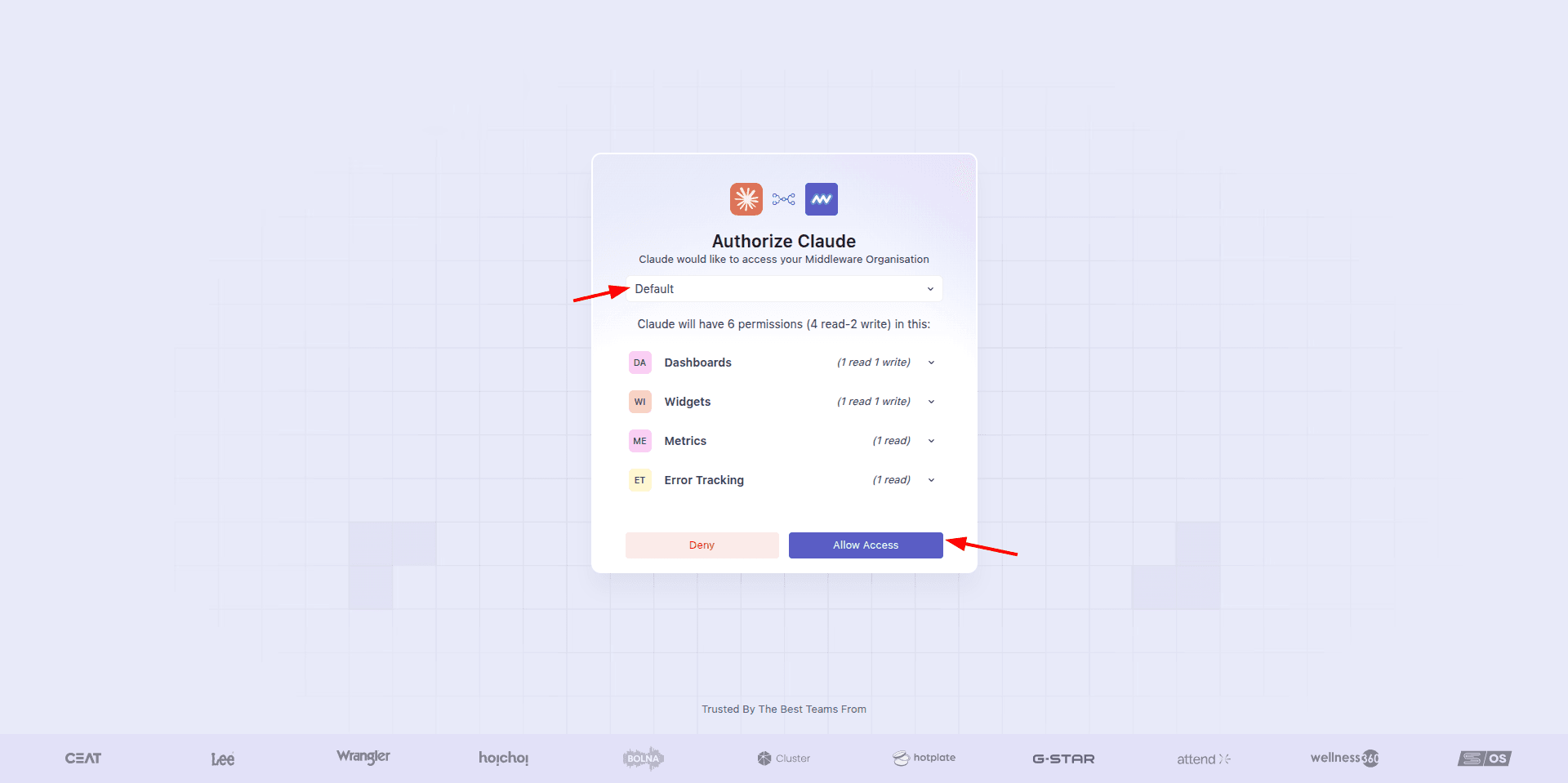 Middleware MCP authorization screen showing project selection and access