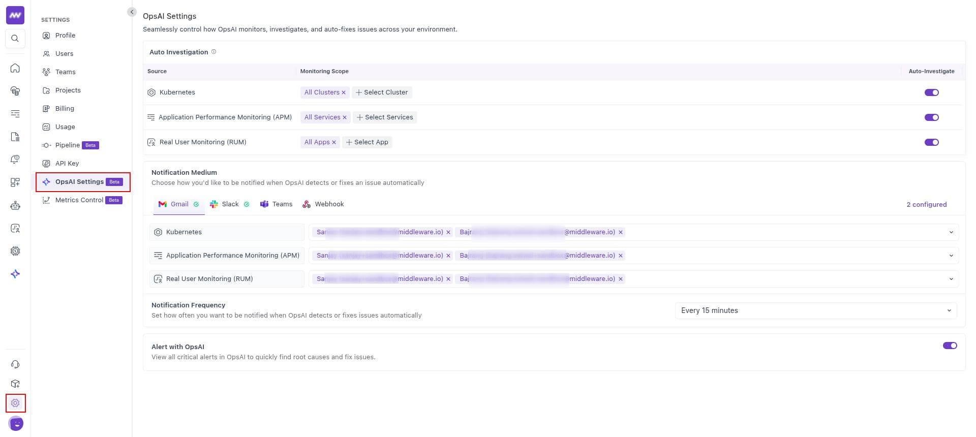 OpsAI Settings Page