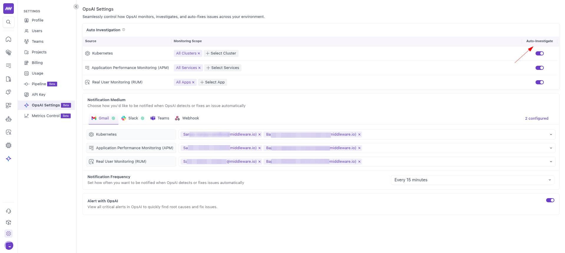 Auto Investigation section with Kubernetes, APM, and RUM sources and the Auto-Investigate toggle