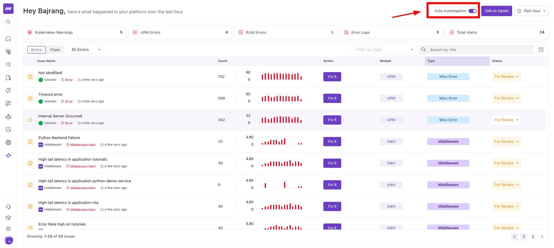 Single button on the OpsAI dashboard to enable automation across all sources