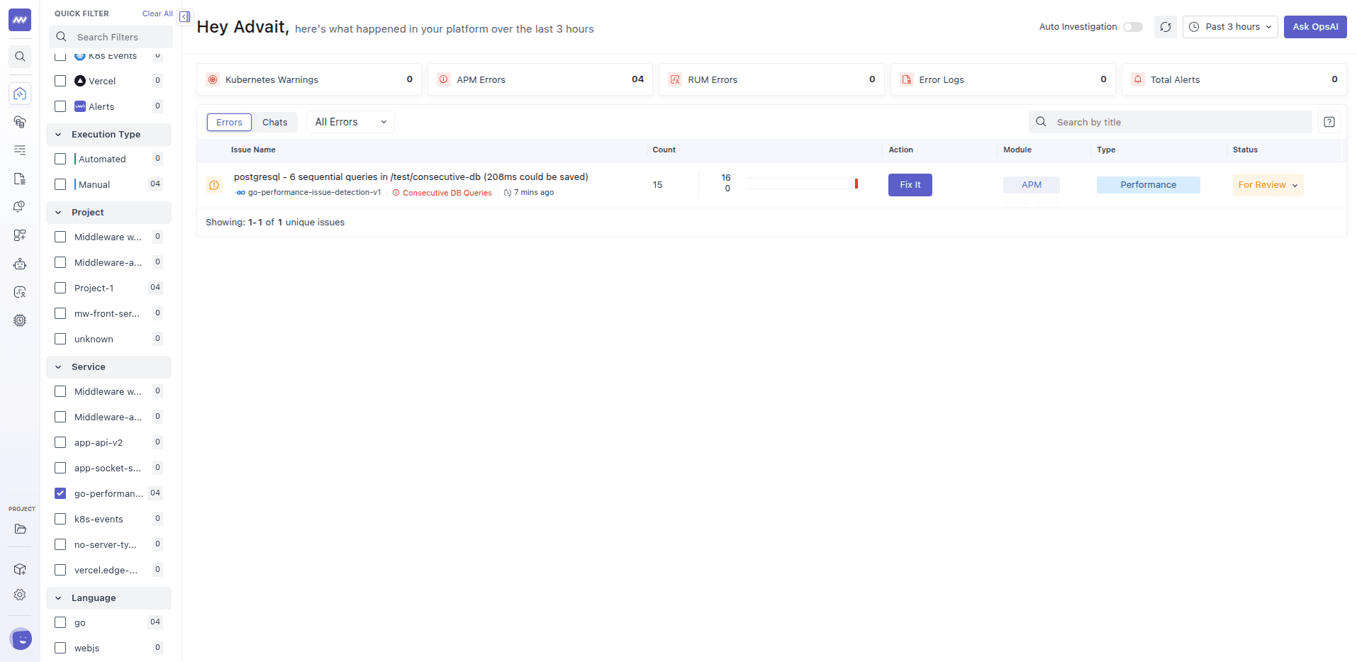 A Consecutive DB Queries issue in the OpsAI issue list