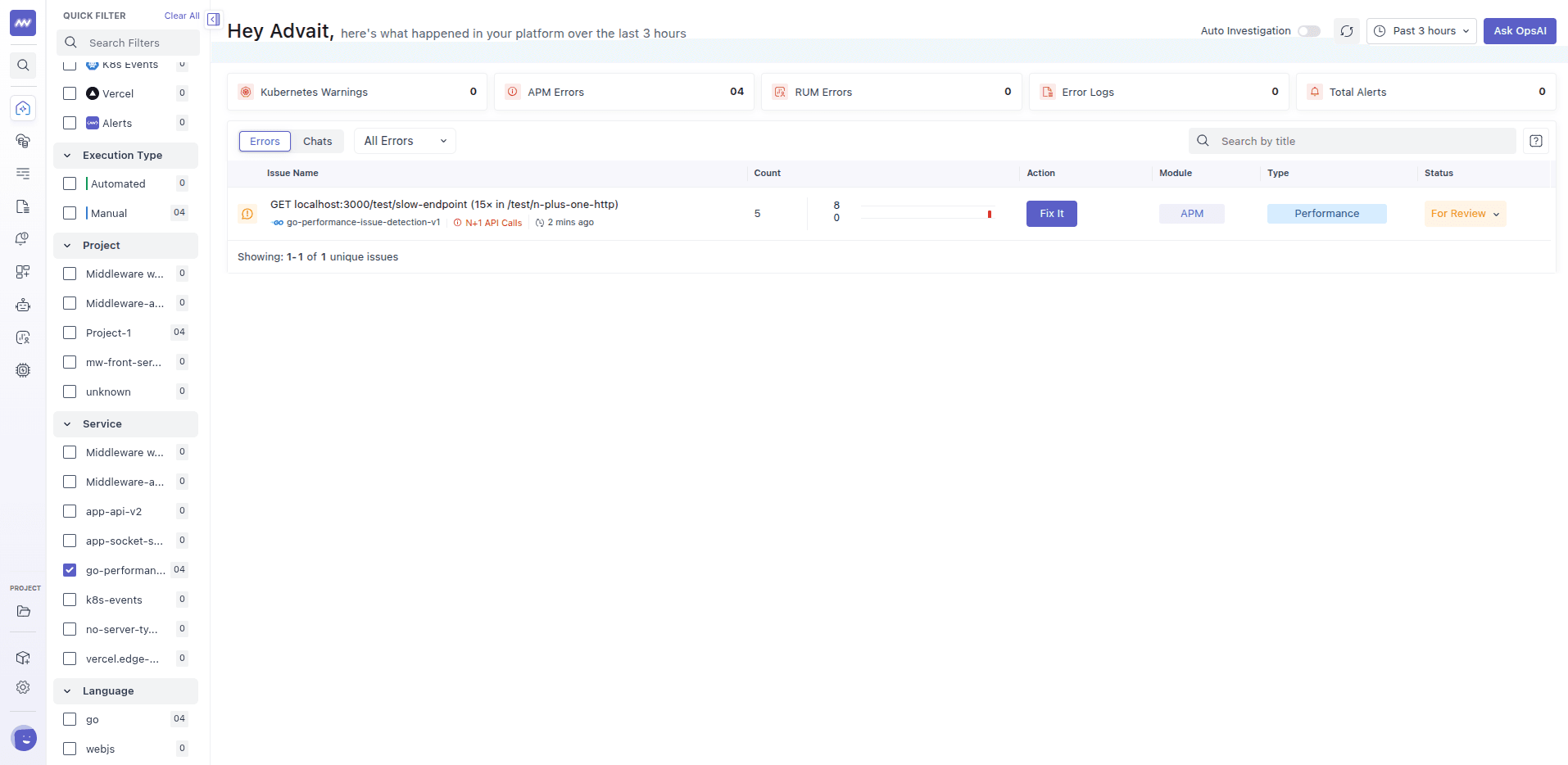 An N+1 API Calls issue in the OpsAI issue list