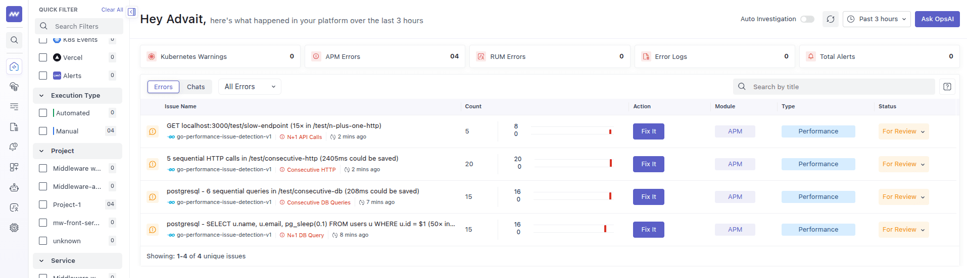 OpsAI listing with performance issues such as N+1 API Calls, Consecutive HTTP, Consecutive DB Queries, and N+1 DB Query
