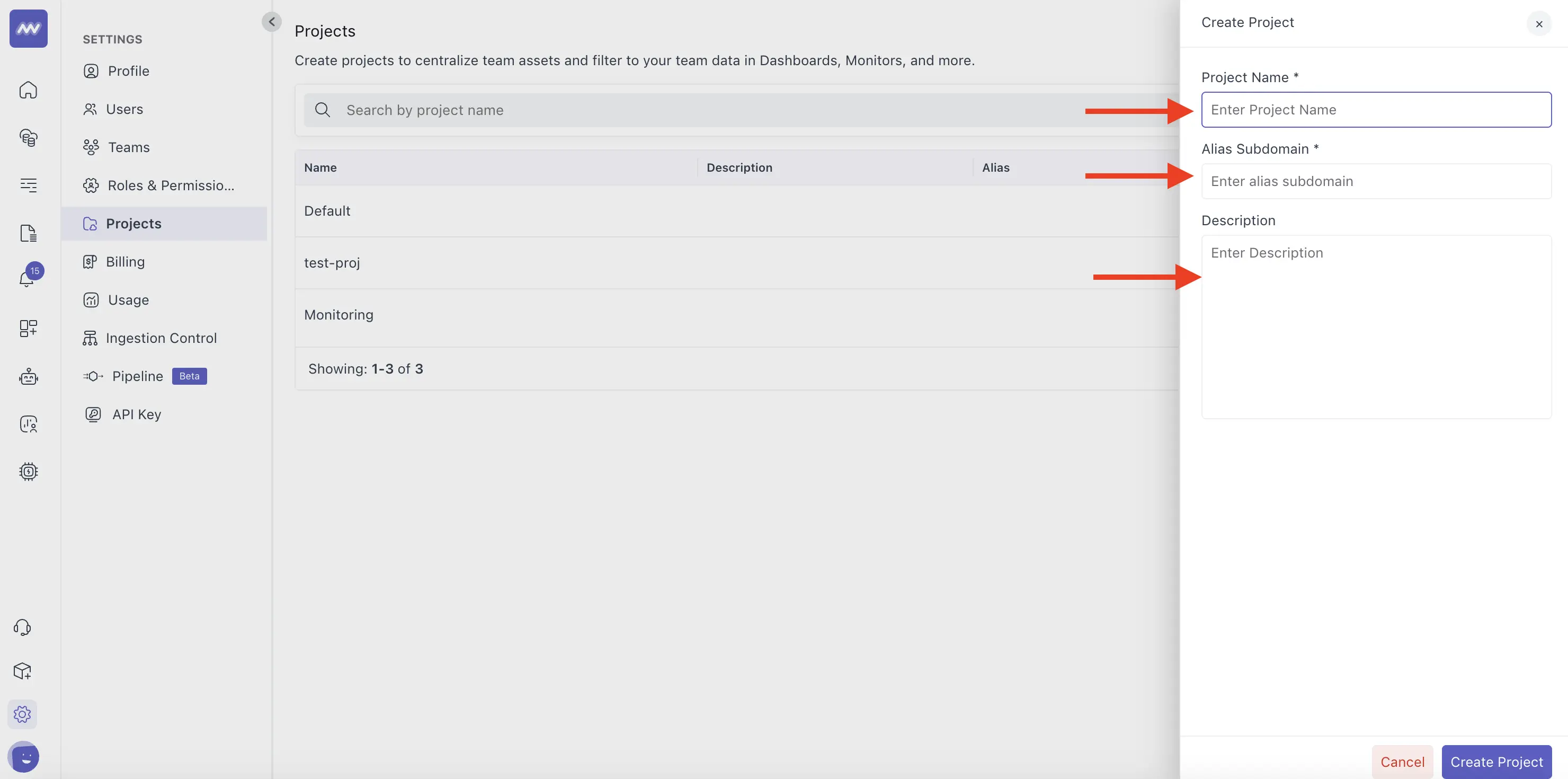Form to add project details in Middleware Projects settings