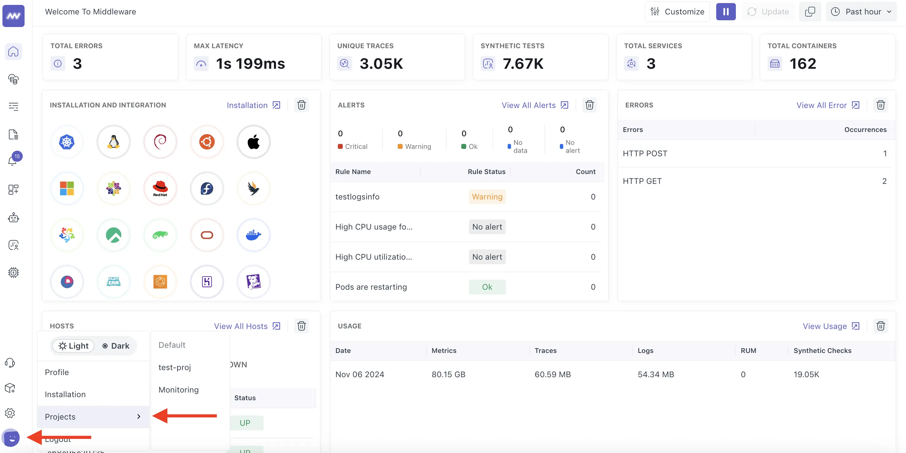 Middleware interface to switch between projects