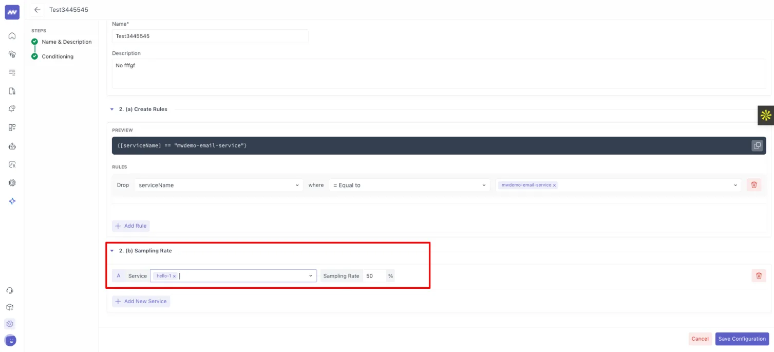 Trace pipeline: Added an option to set sampling rate for service to control trace data ingestion.