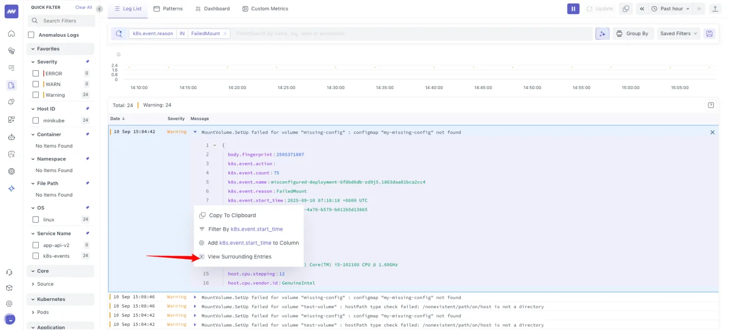 Logs: Surrounding logs: you can see logs with the same attribute by selecting options of 'surrounding logs”. This helps…