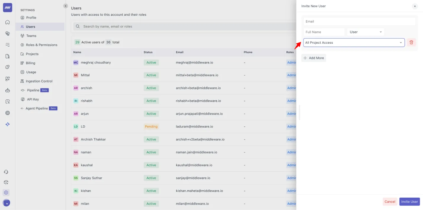 Project Level access control: While inviting new users, admin can select projects or edit from there to give access for…