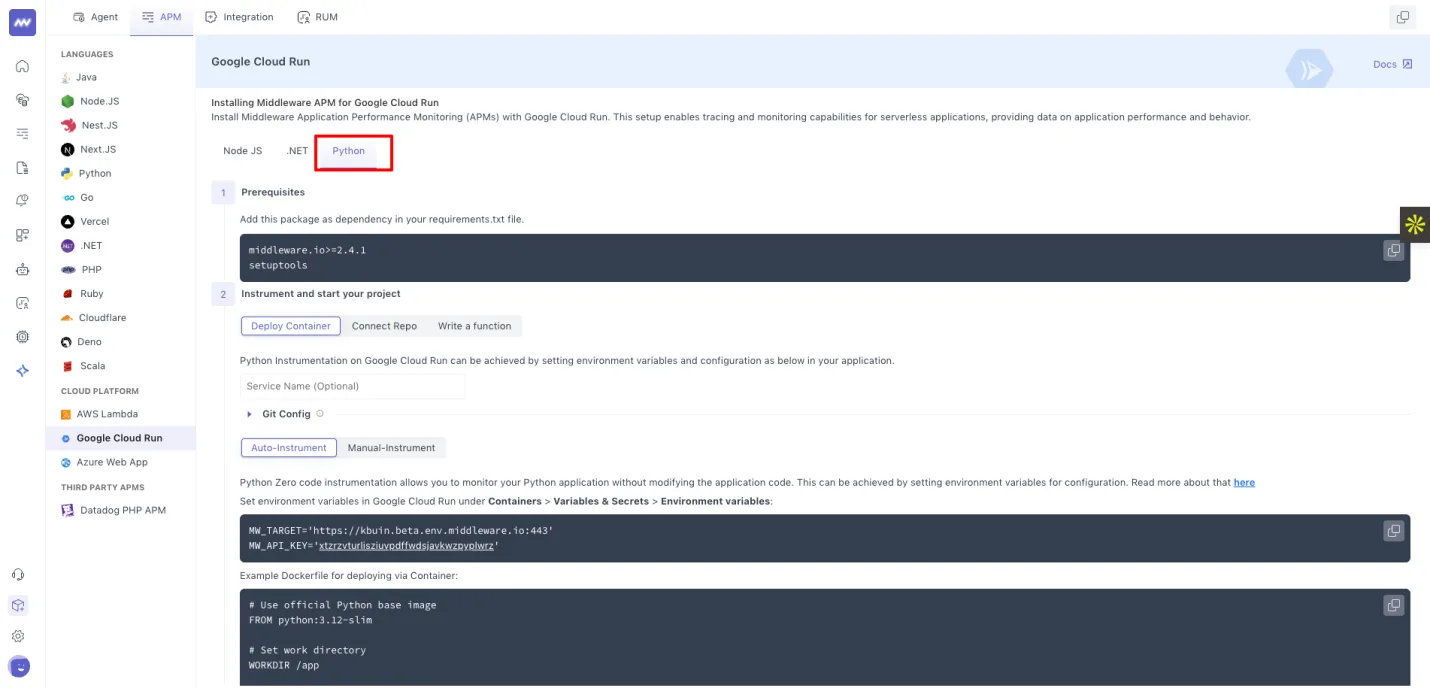 APM: Added support for Python in Google cloud run