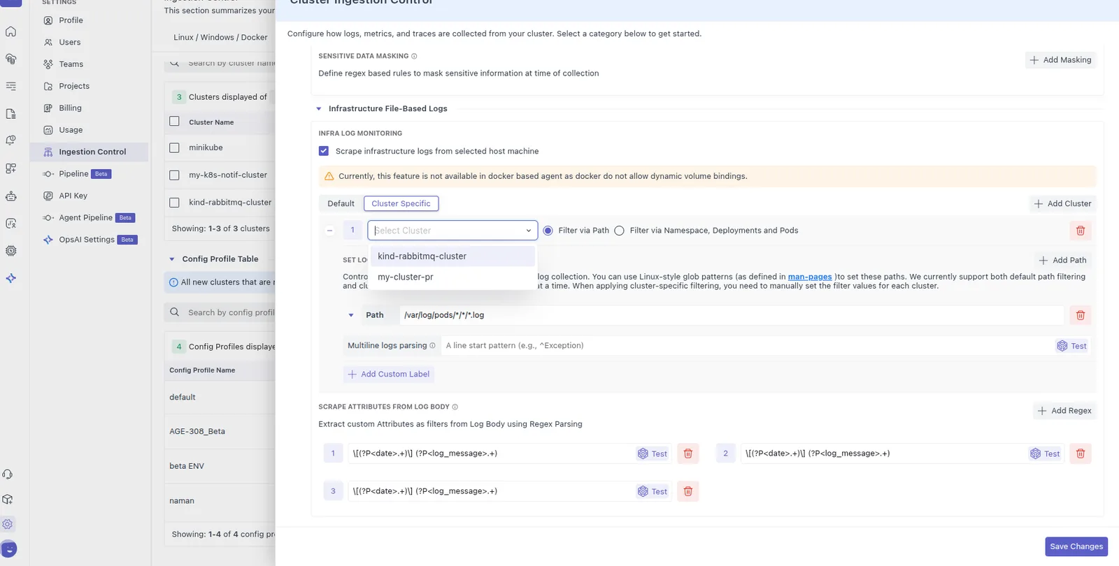 UI changes in ingestion control: This will make it easy for users to include/exclude namespace, deployment, and pods…