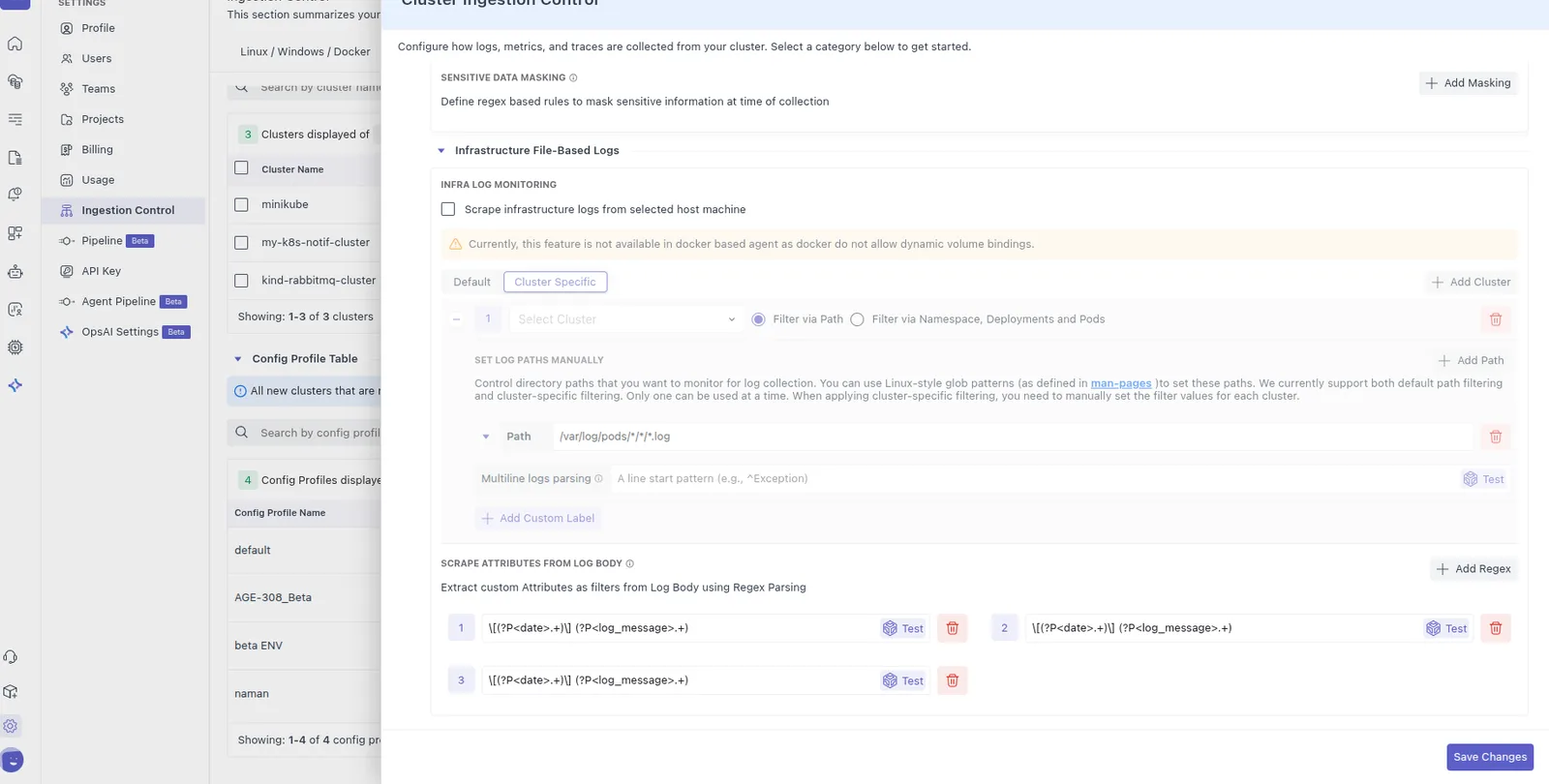 UI changes in ingestion control: This will make it easy for users to include/exclude namespace, deployment, and pods…