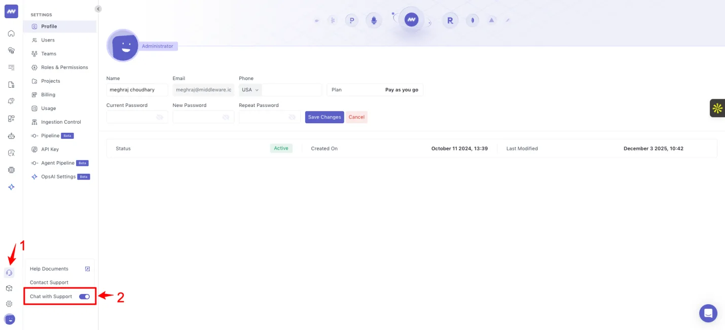 Chatbot support: Default chatbot will be enabled. You can turn it off from the left menu.