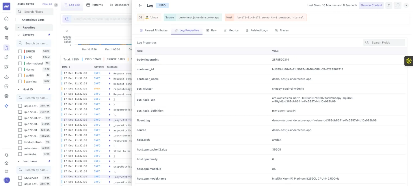 Log monitoring: Updated Log detail view: We are now displaying log details with data bifurcated into Parsed attributes…