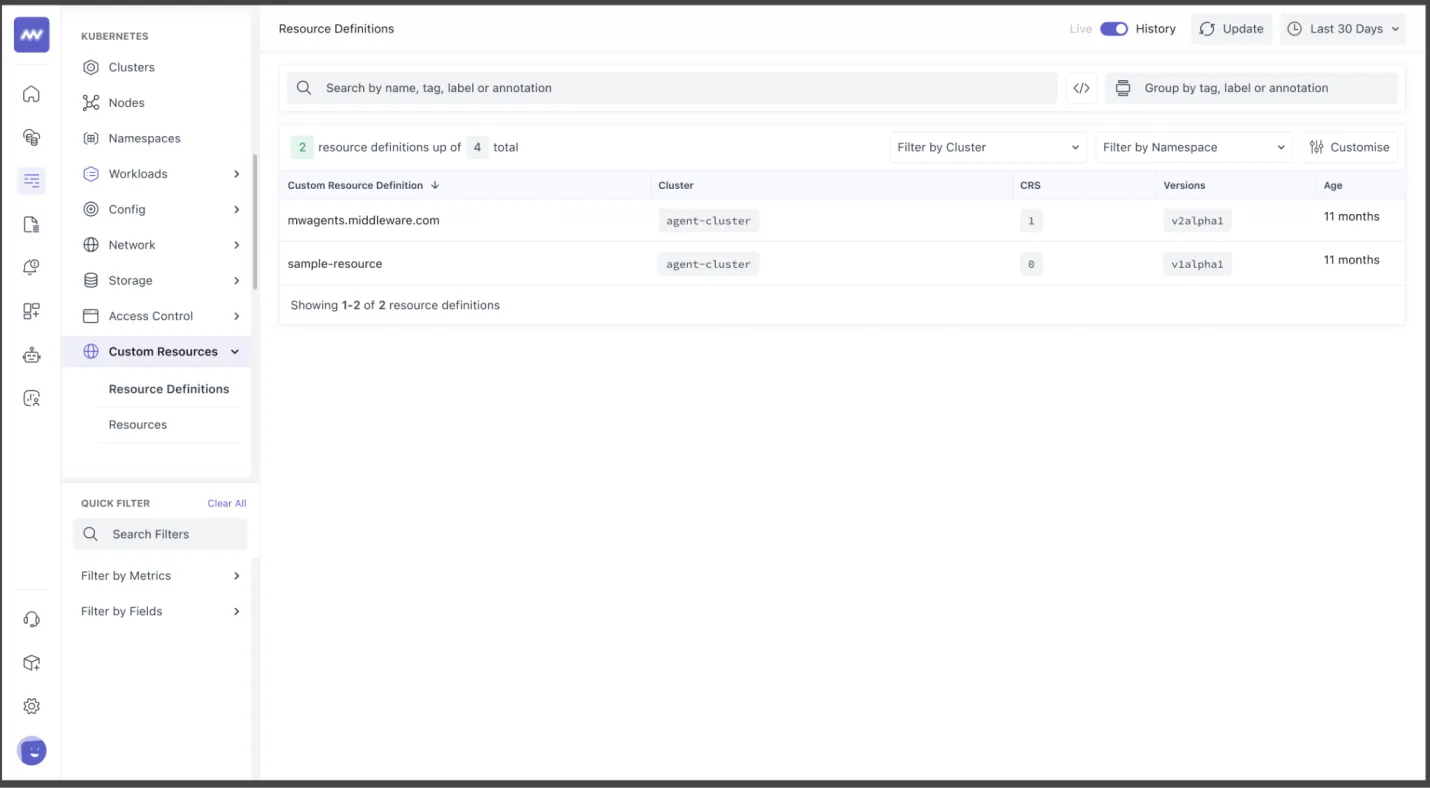 Kubernetes custom resources: Added a new screen to view data for custom resources for the cluster with version, age and…