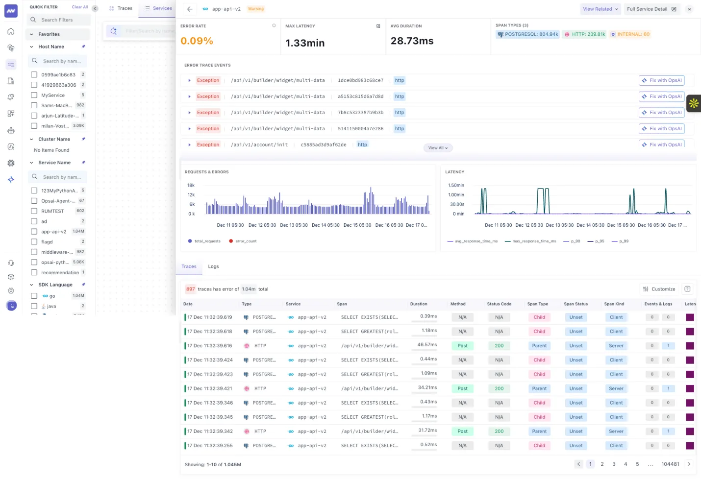 APM service map: View details on any service with data performance data including errors, trace, request & error…