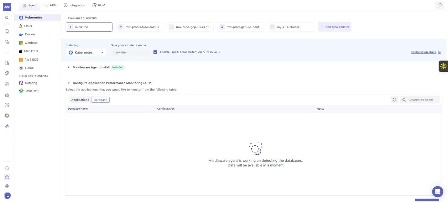 Auto discovery of DB: As a part of auto instrumentation, Middleware agent will identify Databases. Users can see DBs…