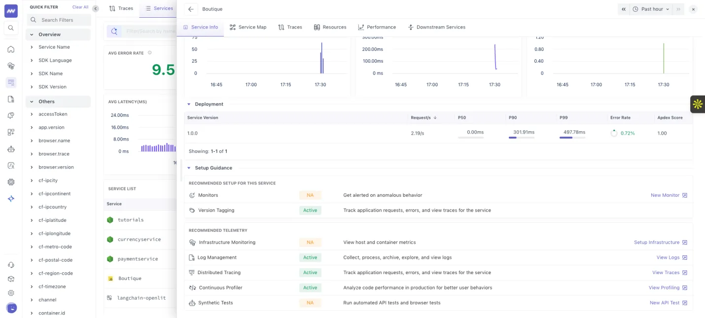 APM: Users can see if there are any alerts, synthetic tests, logs or other data associated with service or not and an…