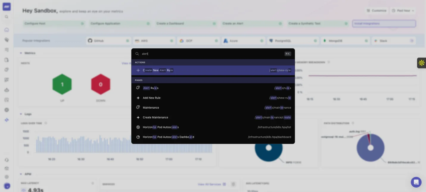 Search across the platform: Any actions (ex: creating alerts, creating dashboard etc) or any screen (ex: trace, API…