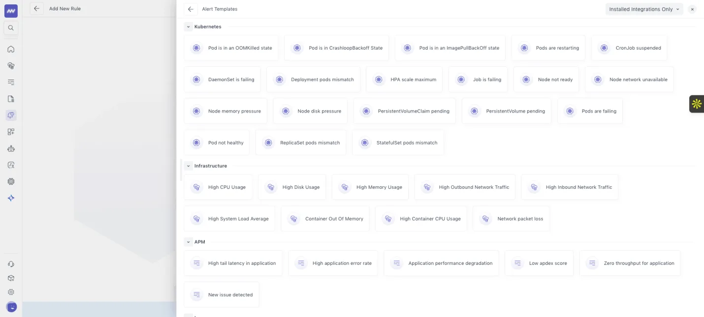 Alerts: Alert templates for Kubernetes, infra, APM and logs category so users can directly select template and alert…