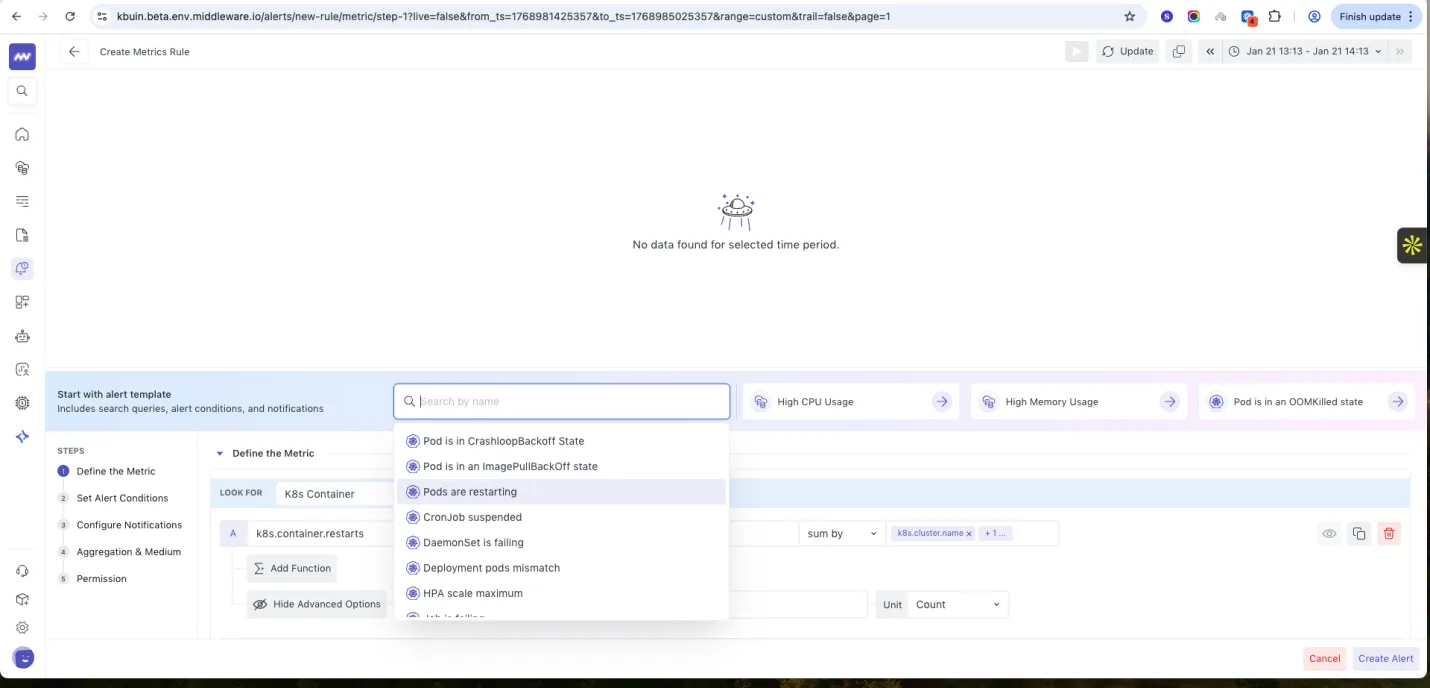 Alerts: Alert templates for Kubernetes, infra, APM and logs category so users can directly select template and alert…