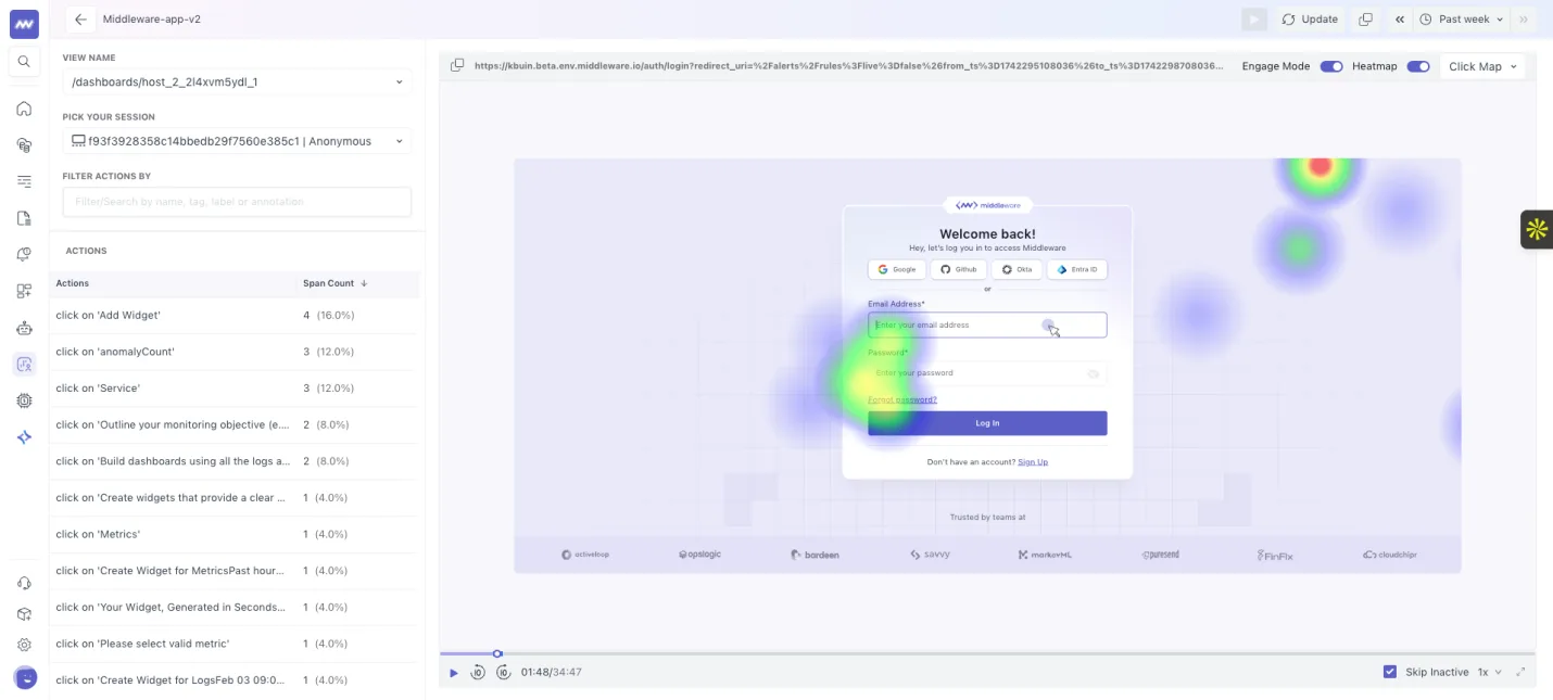 RUM Heatmap: See action with count and filter it by session, action name.