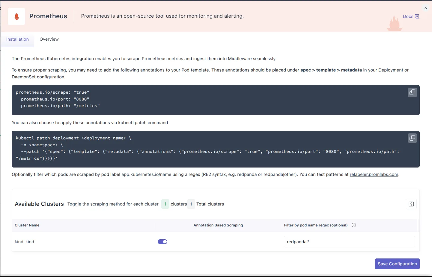 Prometheus integration upgrade: Added an option to filter by pod name regex so users can scrap metrics for any specific…