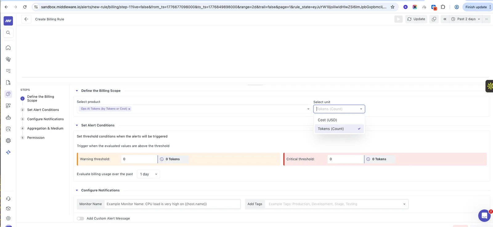 Alerts: Users can set alerts for token usage, it can be set on the number of token used or the cost.