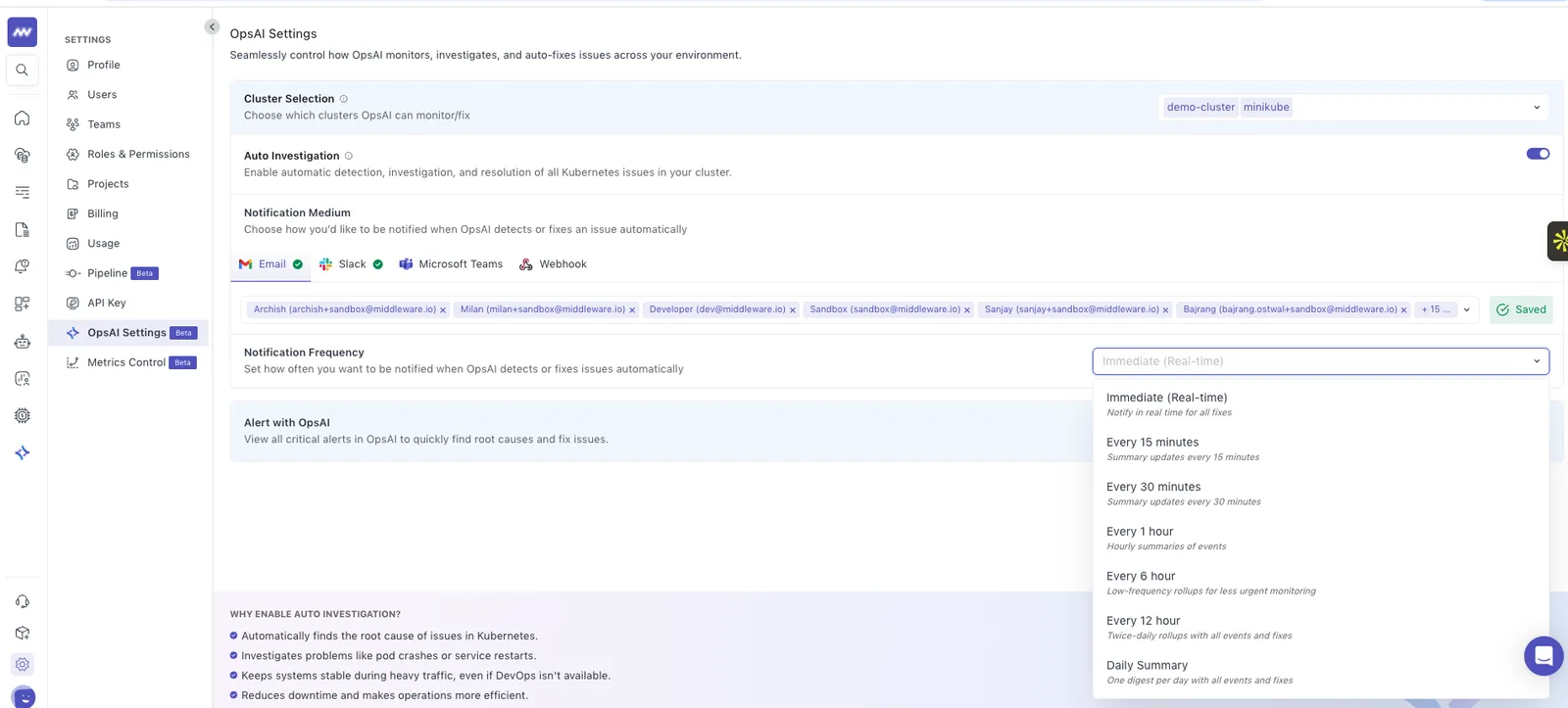 OpsAI: Notifications for auto investigations