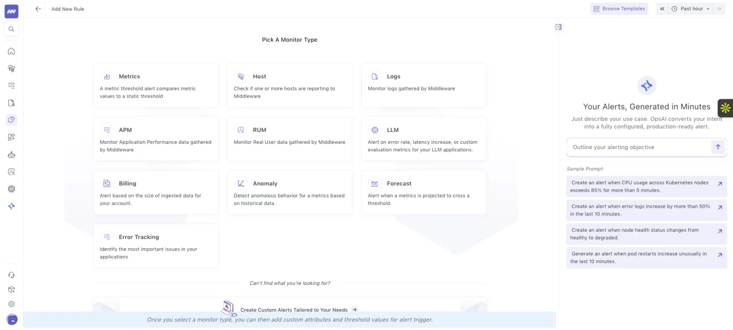 Alert creation with OpsAI: You can either define specific metrics and thresholds directly in the prompt, or ask OpsAI…